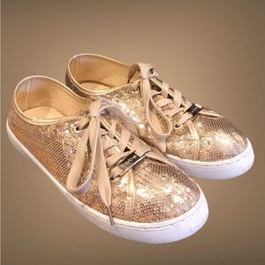 BEBE Sport GOLD SEQUIN Logo‎ blingy SNEAKER sz 7 EUC